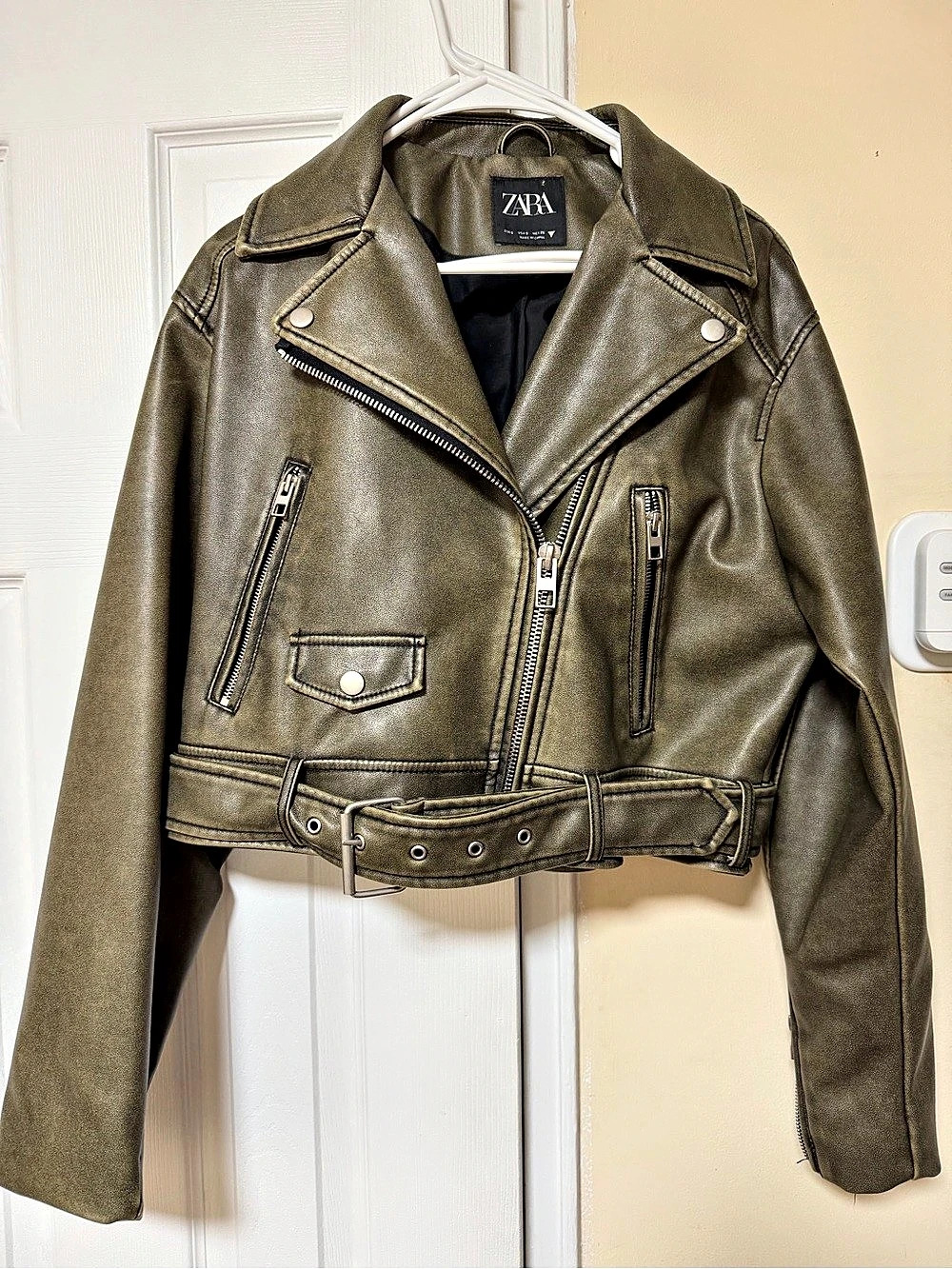 Zara Faux Leather Moto Jacket in Green Size XS